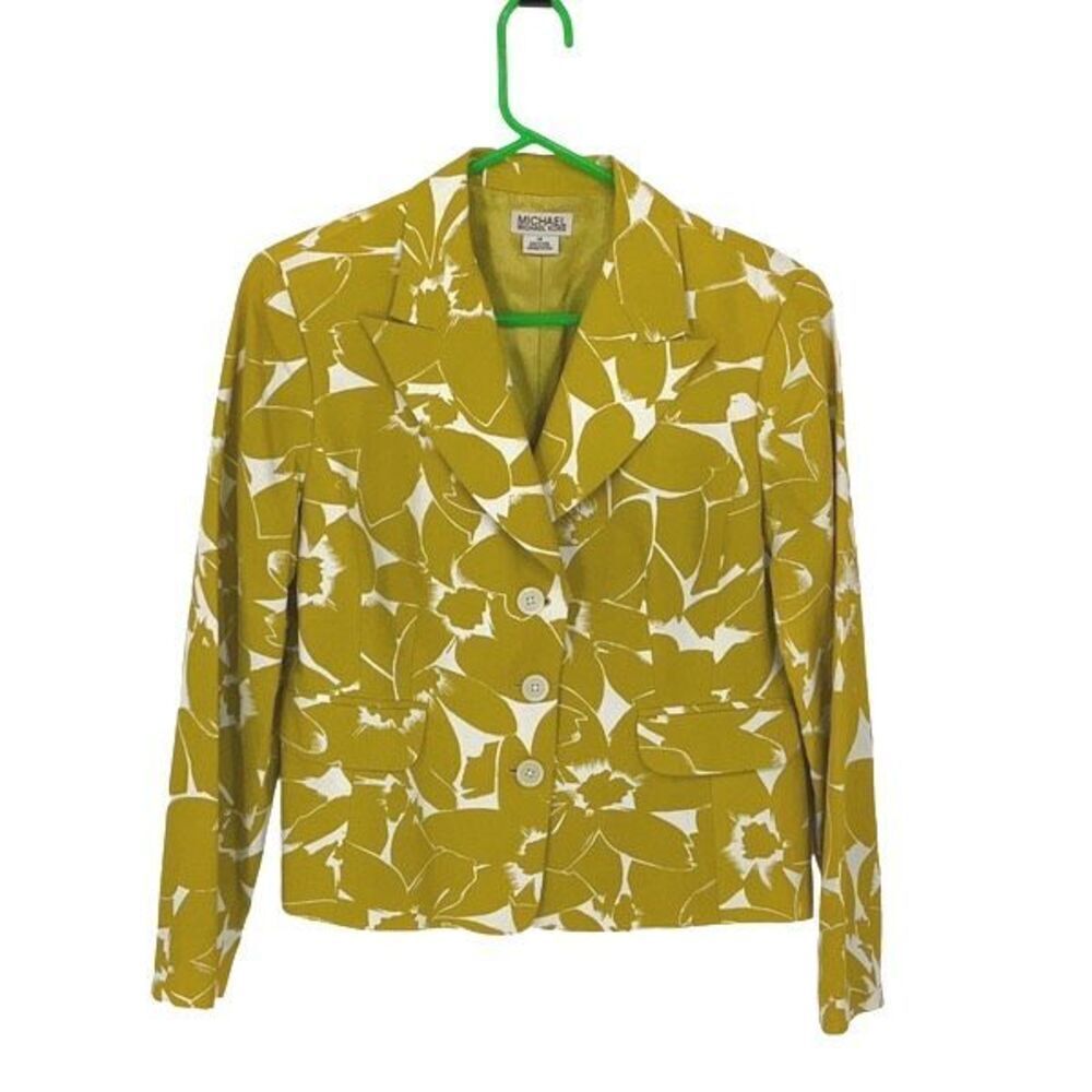 Michael Kors Womens Floral Peak Lapel Silk Blend Blazer Jacket Lime Green‎ Sz 14